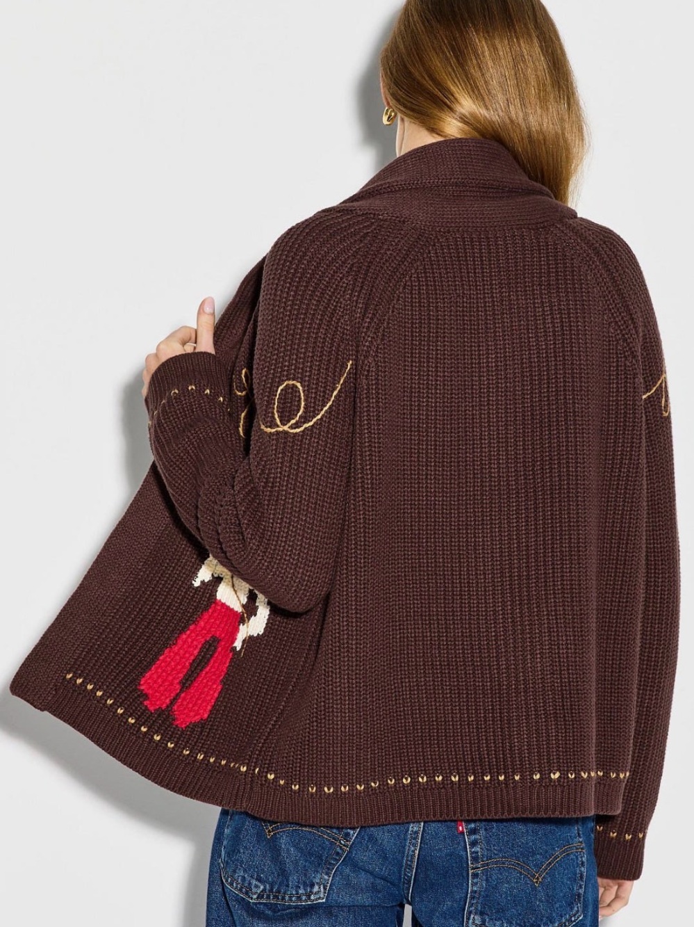 THE GREAT. chocolate Brown Knit Cardigan with Rodeo Intarsia lasso lodge sweater - Picture 7 of 9